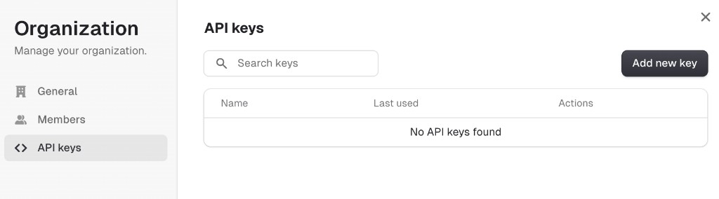 API keys tab in Organization settings
