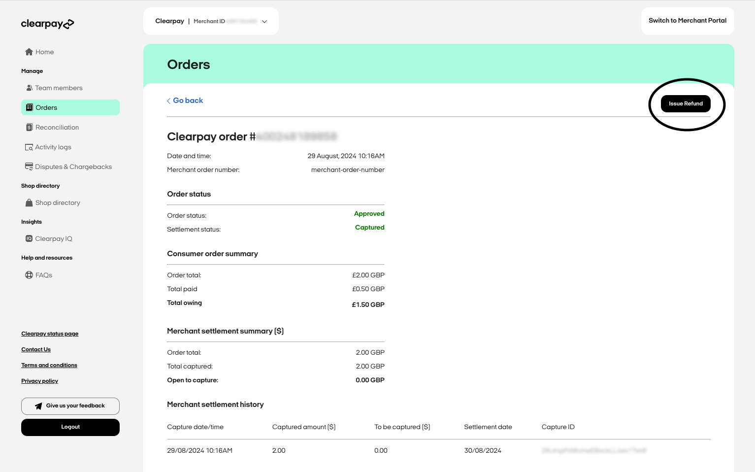An open order with the 'Issue Refund' button circled
