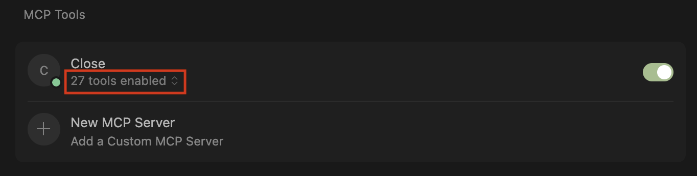 Cursor showing Close MCP enabled