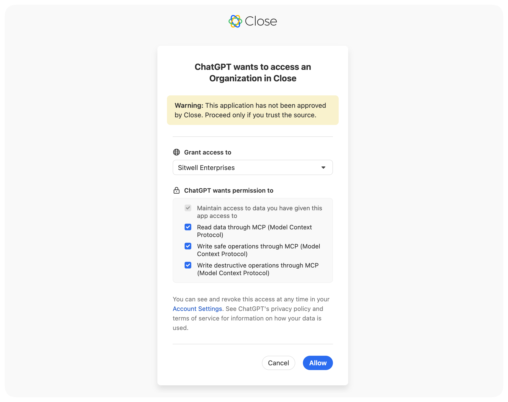 Giving ChatGPT access to your desired Close organization and scopes