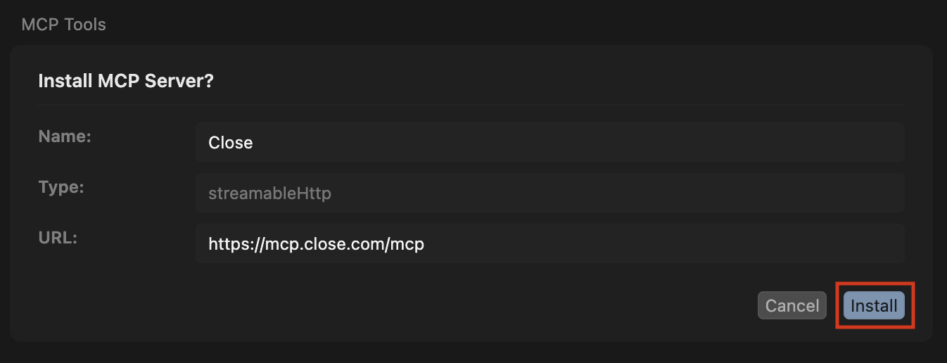 Cursor MCP Tools showing Close server