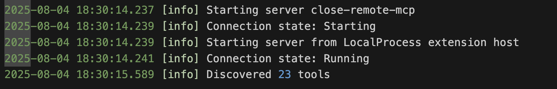 VS Code console confirming server connection