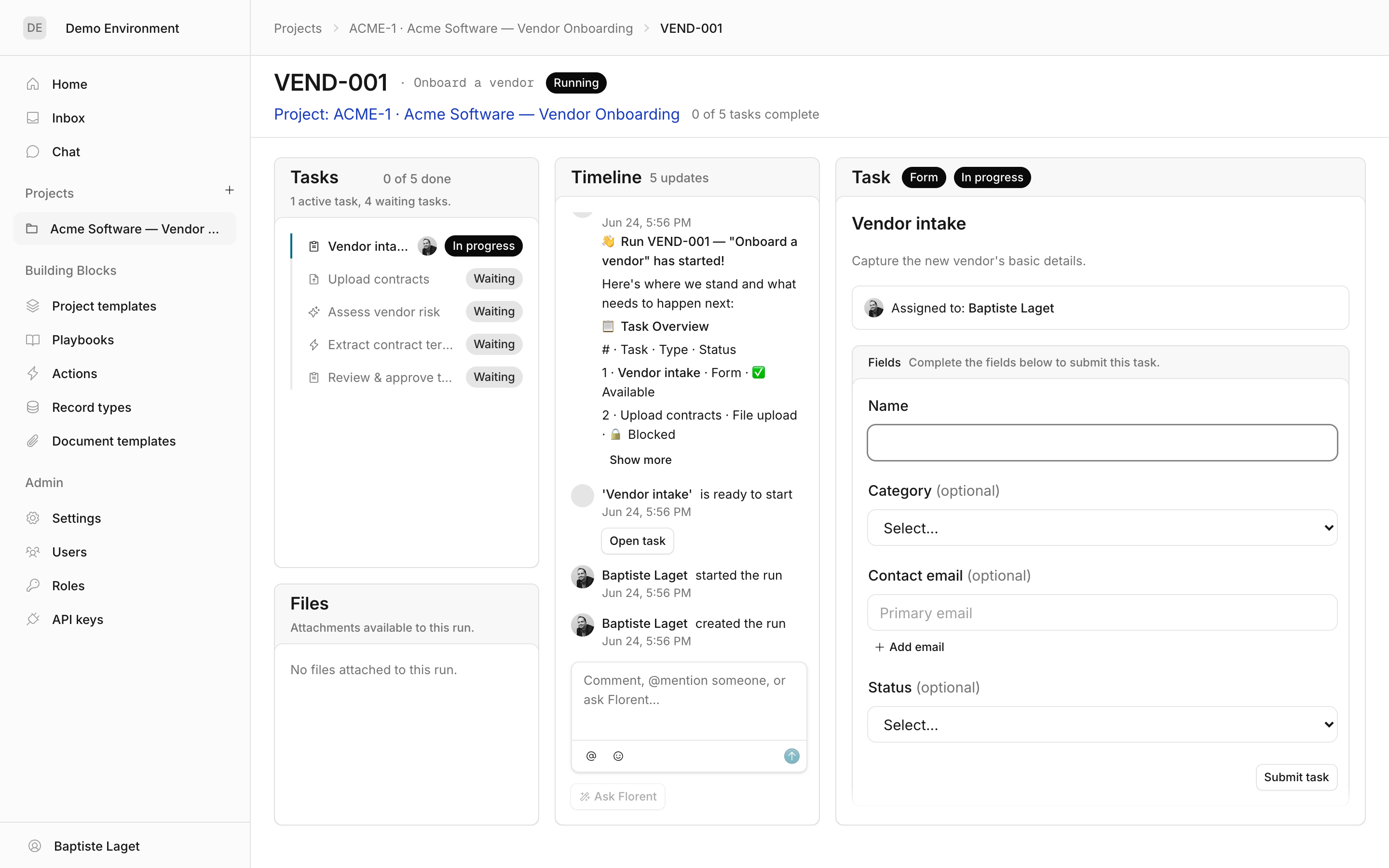 A claimed task: In progress, assigned to you, with editable fields and Submit task