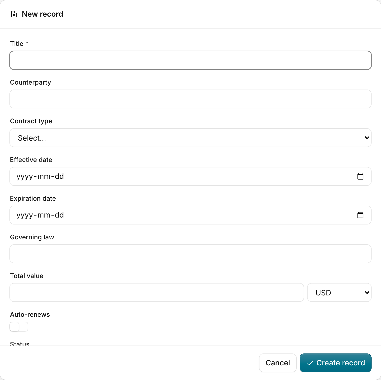 The New record dialog with required fields marked