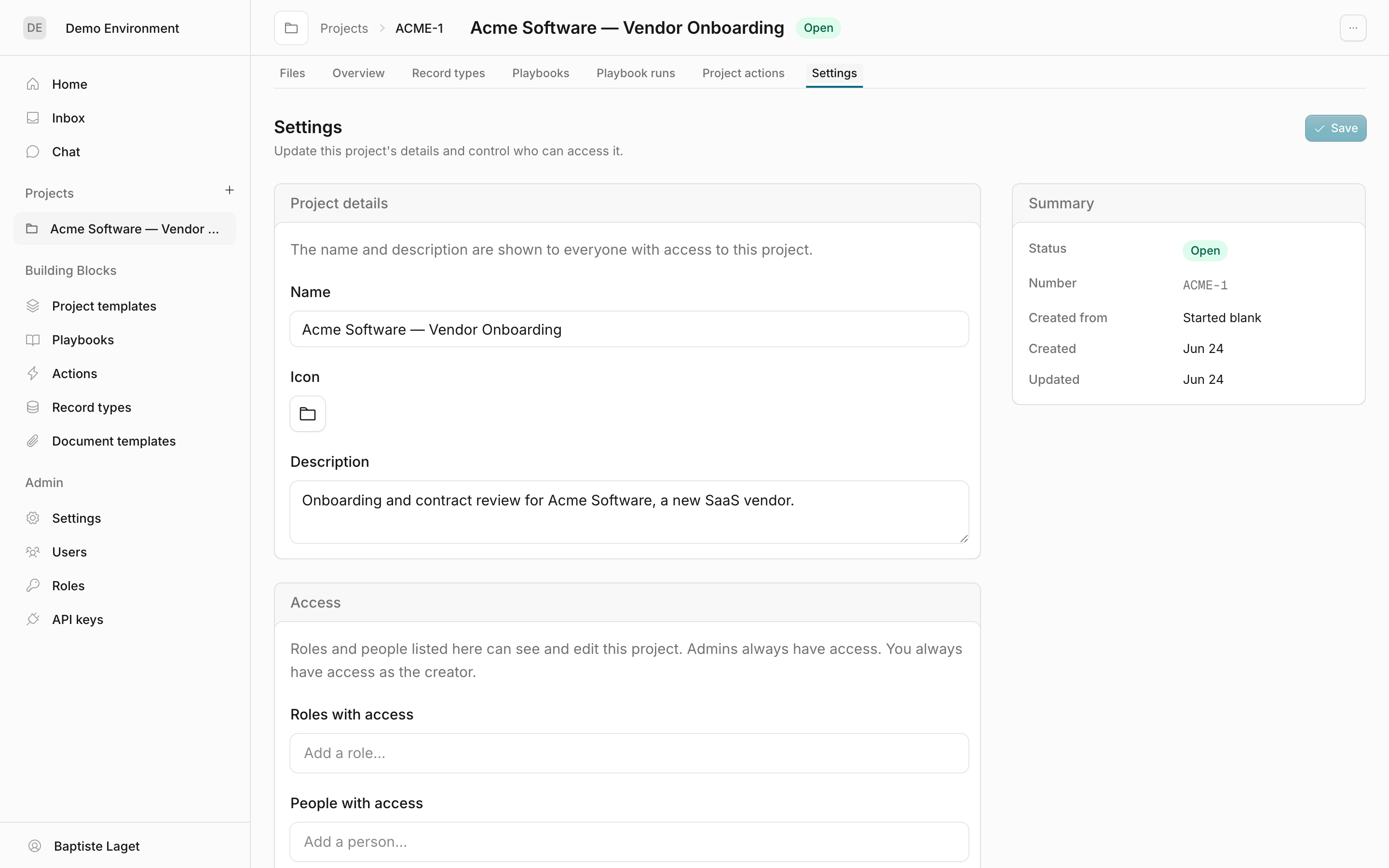 A project's Settings tab with details, access, and close-project controls