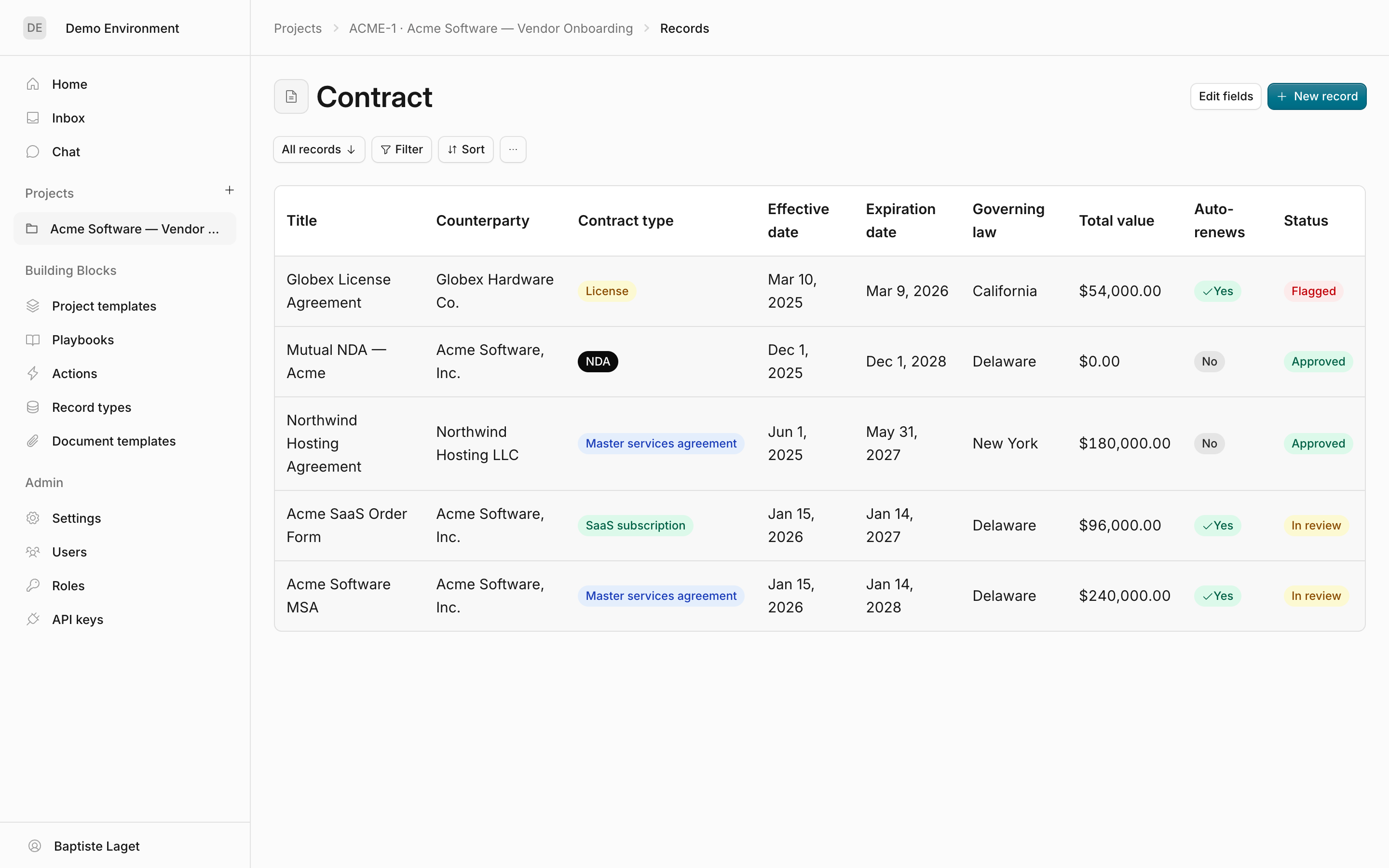 A Contract records table with colored type and status badges