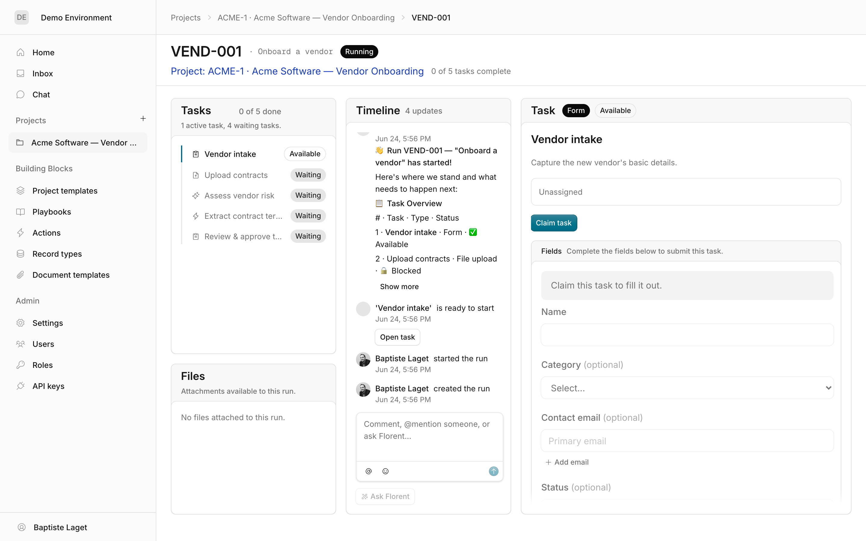 The three-column run workspace: task rail and Files, Timeline, and the open task