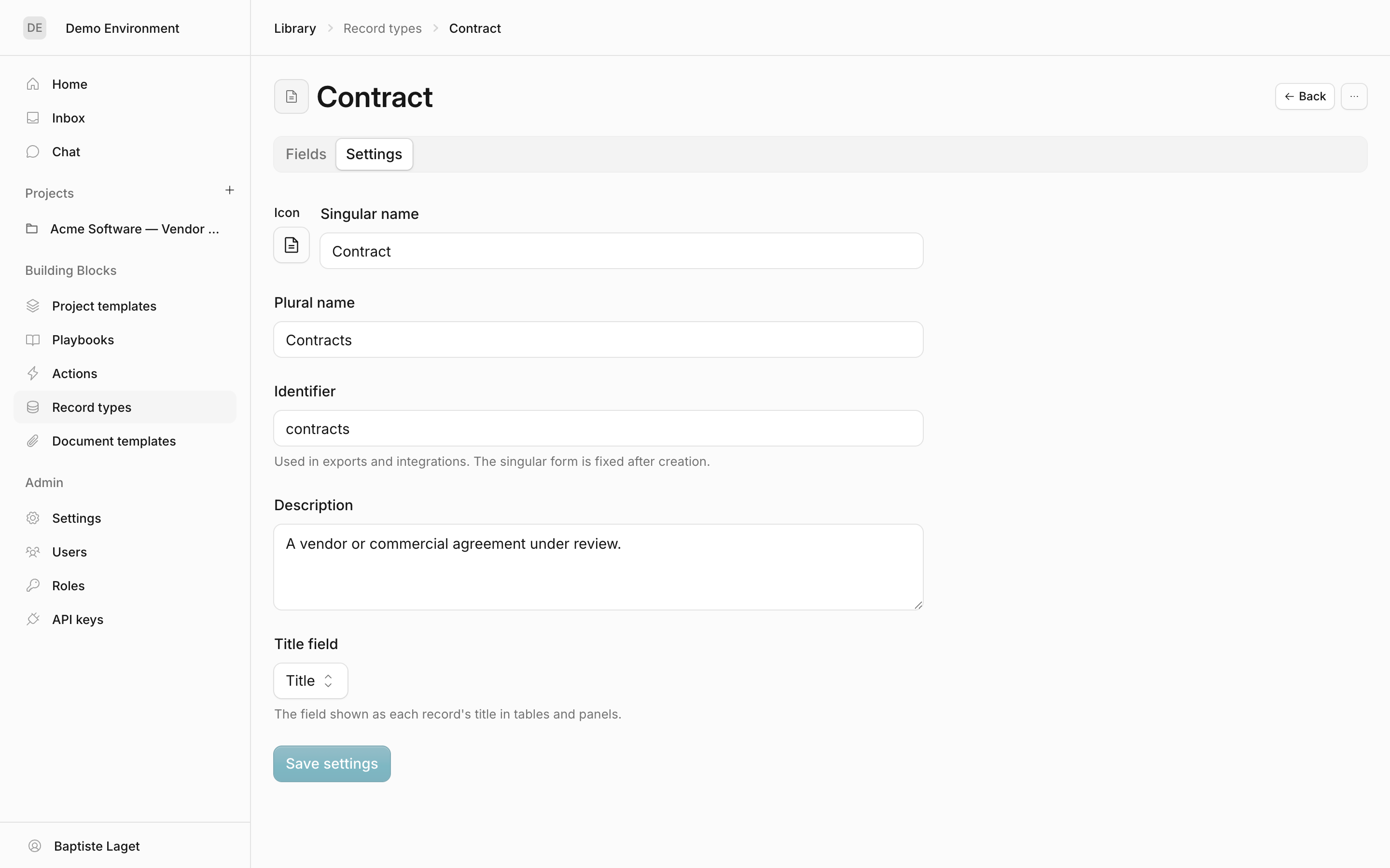 The Settings tab of a record type