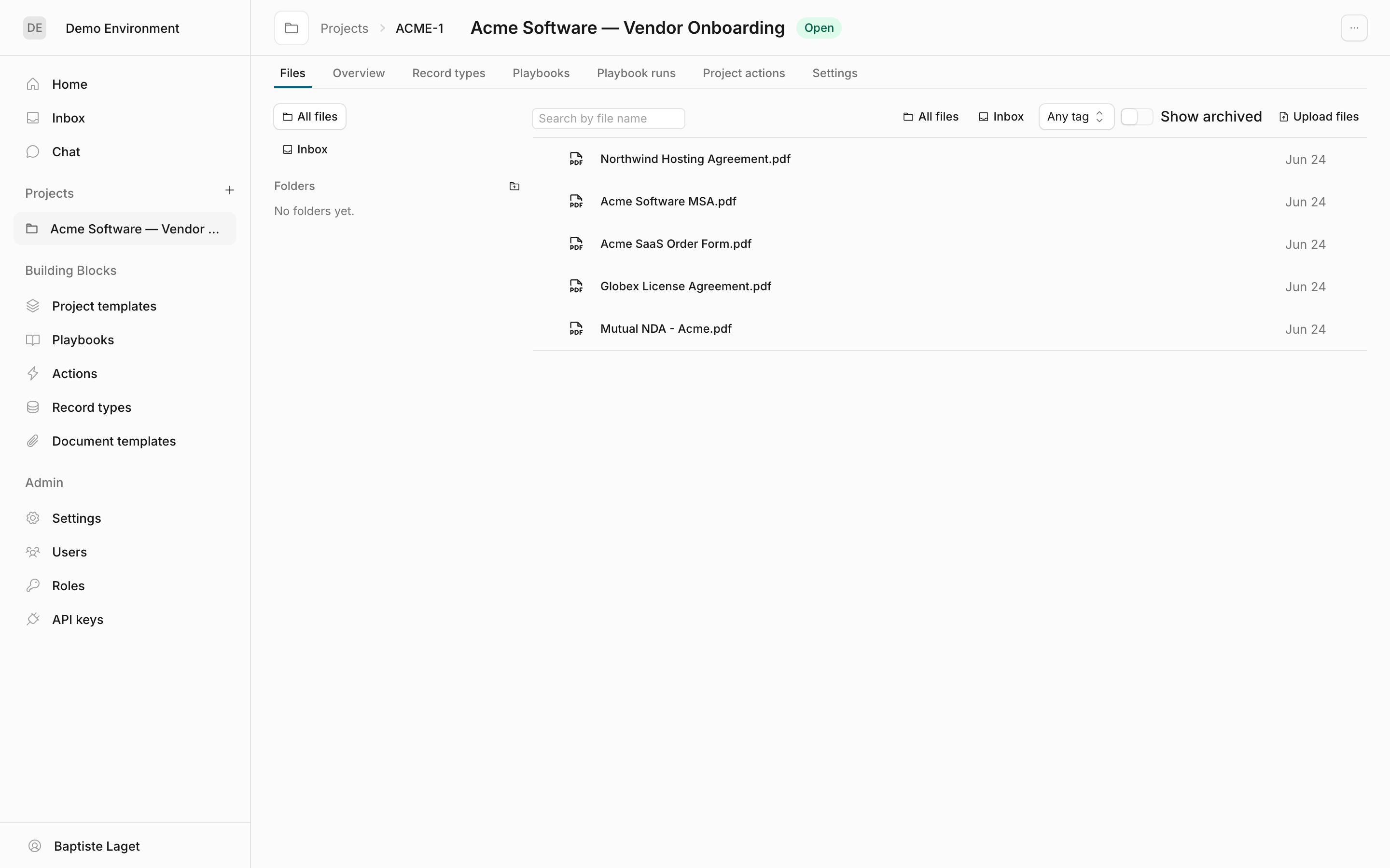 The project Files workspace: folder rail, file list, and toolbar