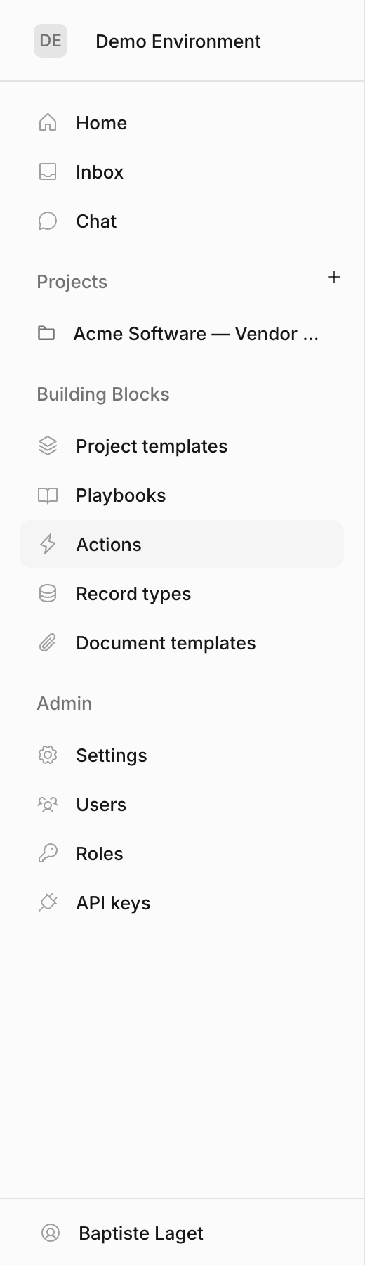 The Building Blocks sidebar group with Actions highlighted