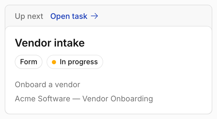 The Up next card with the most pressing task and Open task link