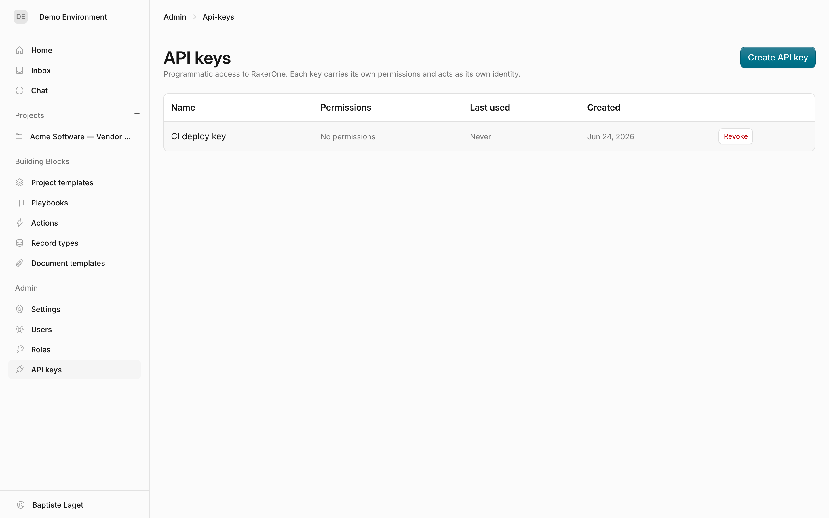 The API keys table with name, permissions, last used, and created columns