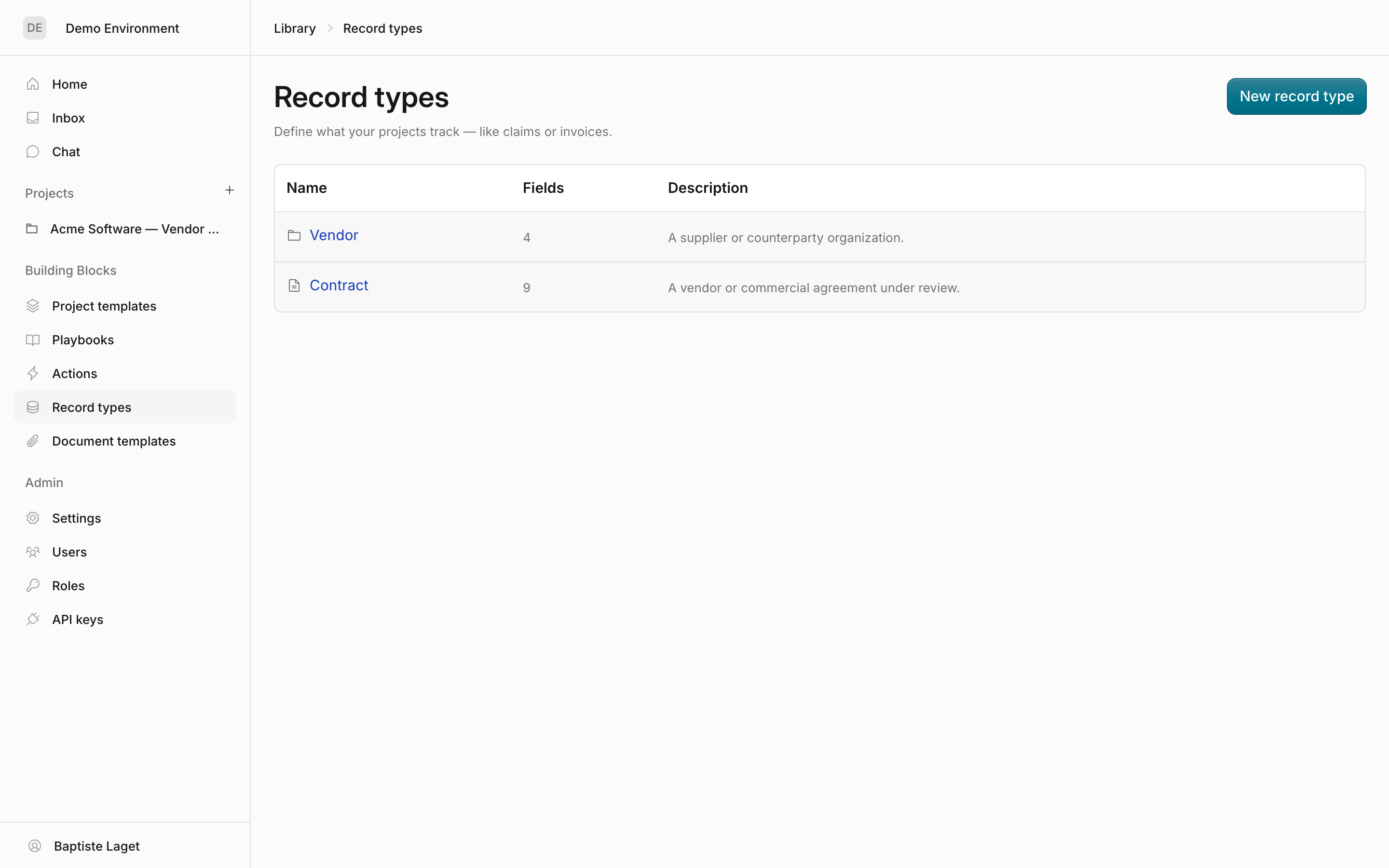 The Record types library with the Contract and Vendor record types