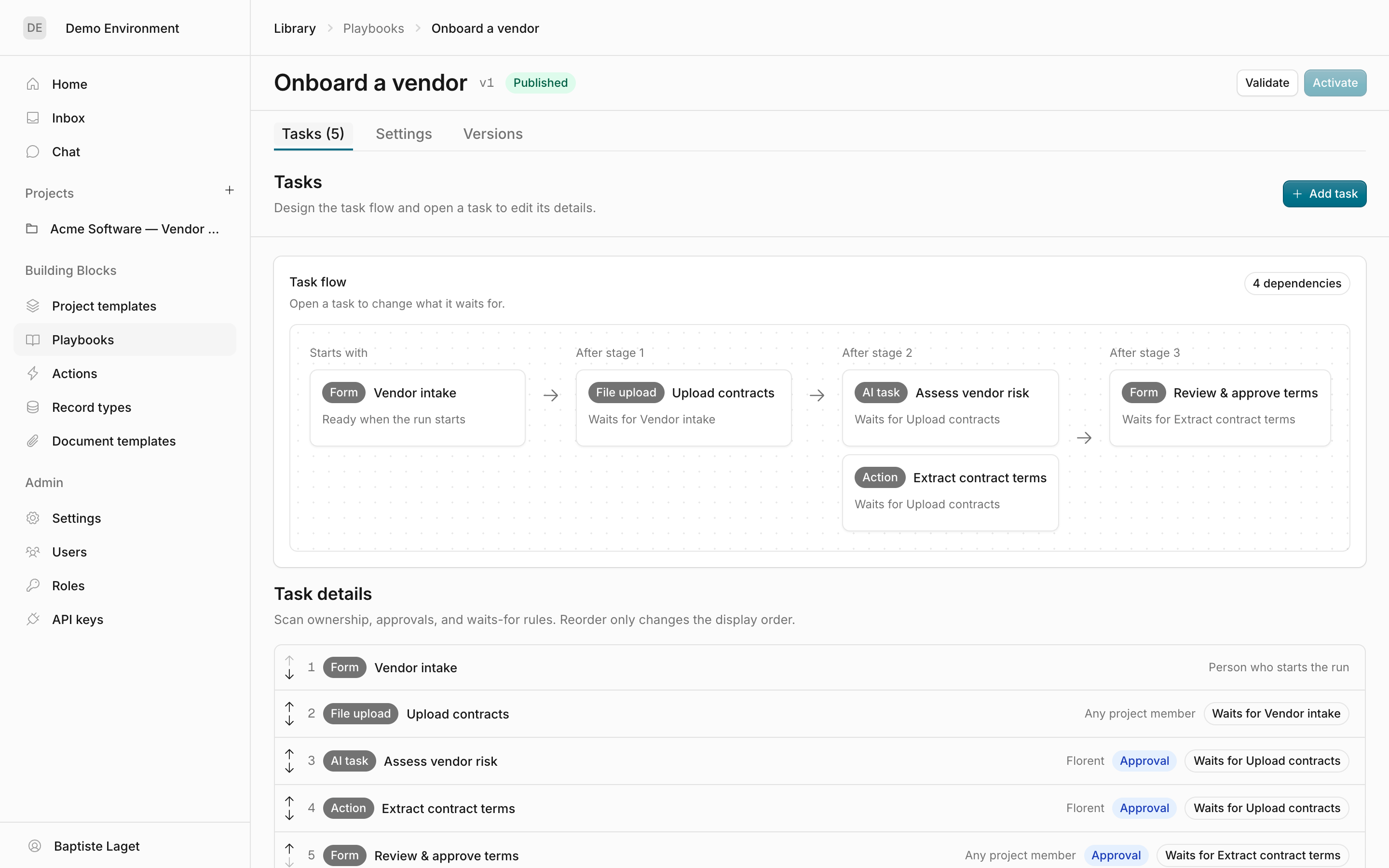 The Tasks tab: task flow map and task details with type badges, Approval chips, and Waits-for chips