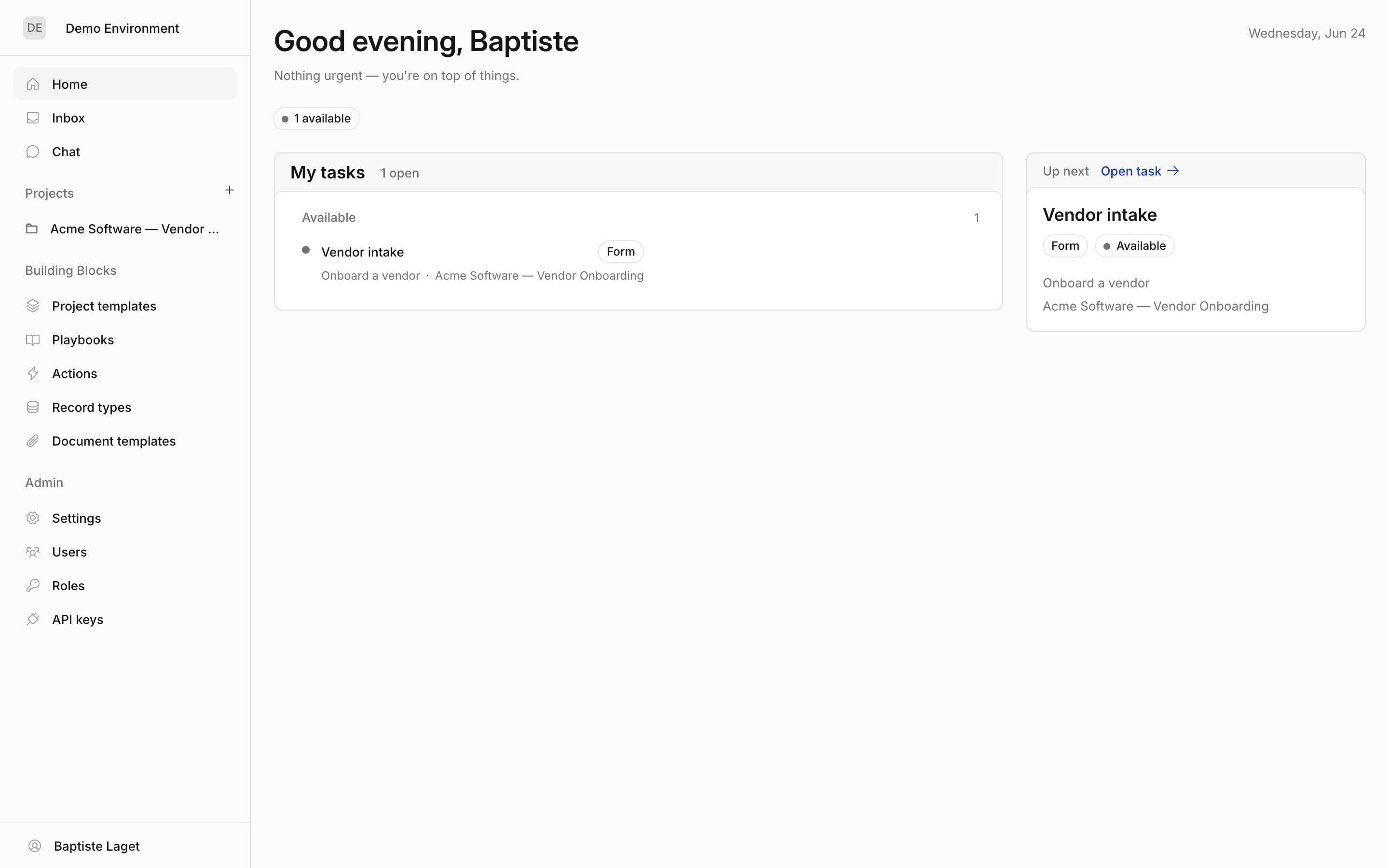 The My work page: greeting, work summary, My tasks list, and Up next card