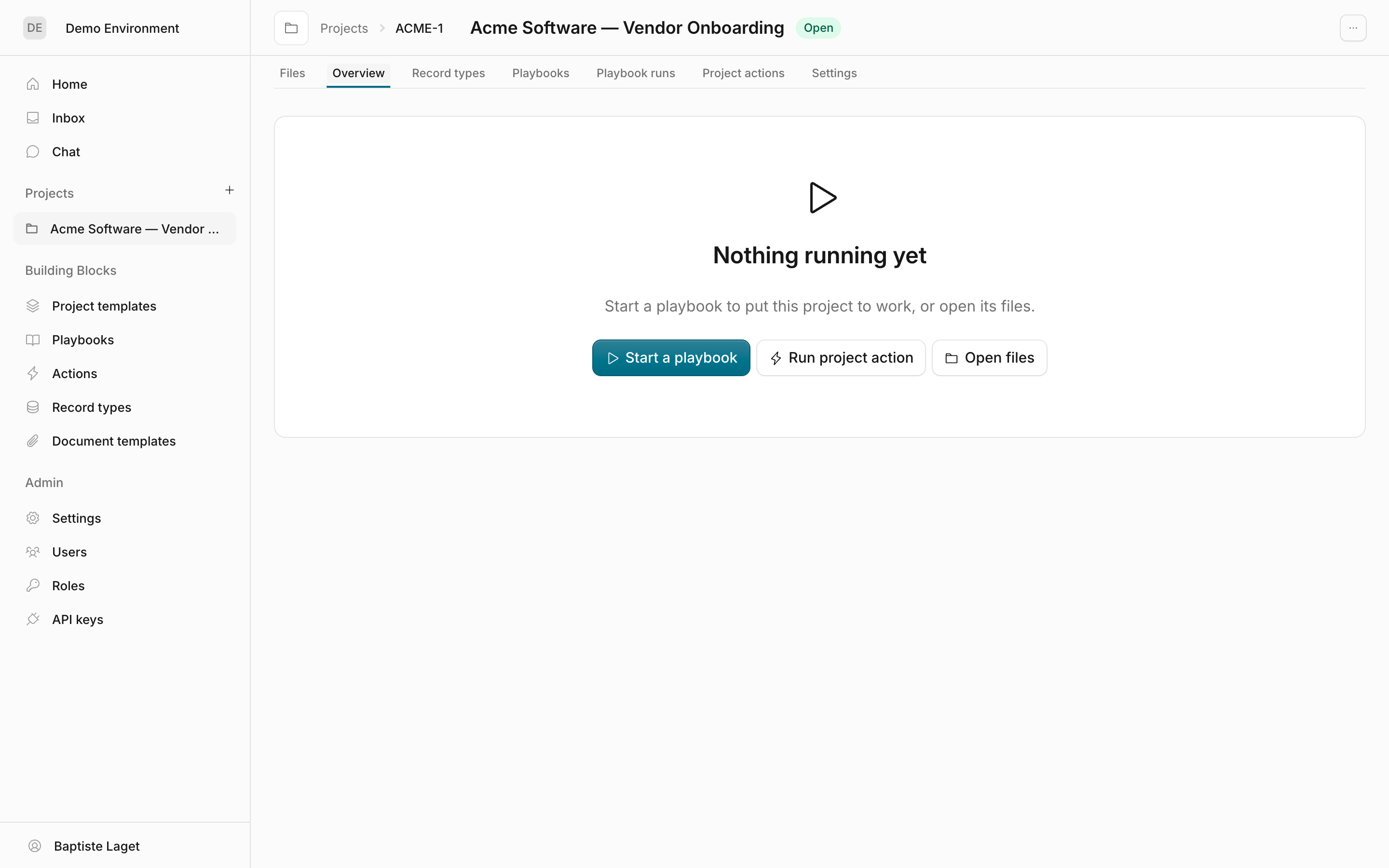 A project's detail header with breadcrumb, status badge, and tab bar