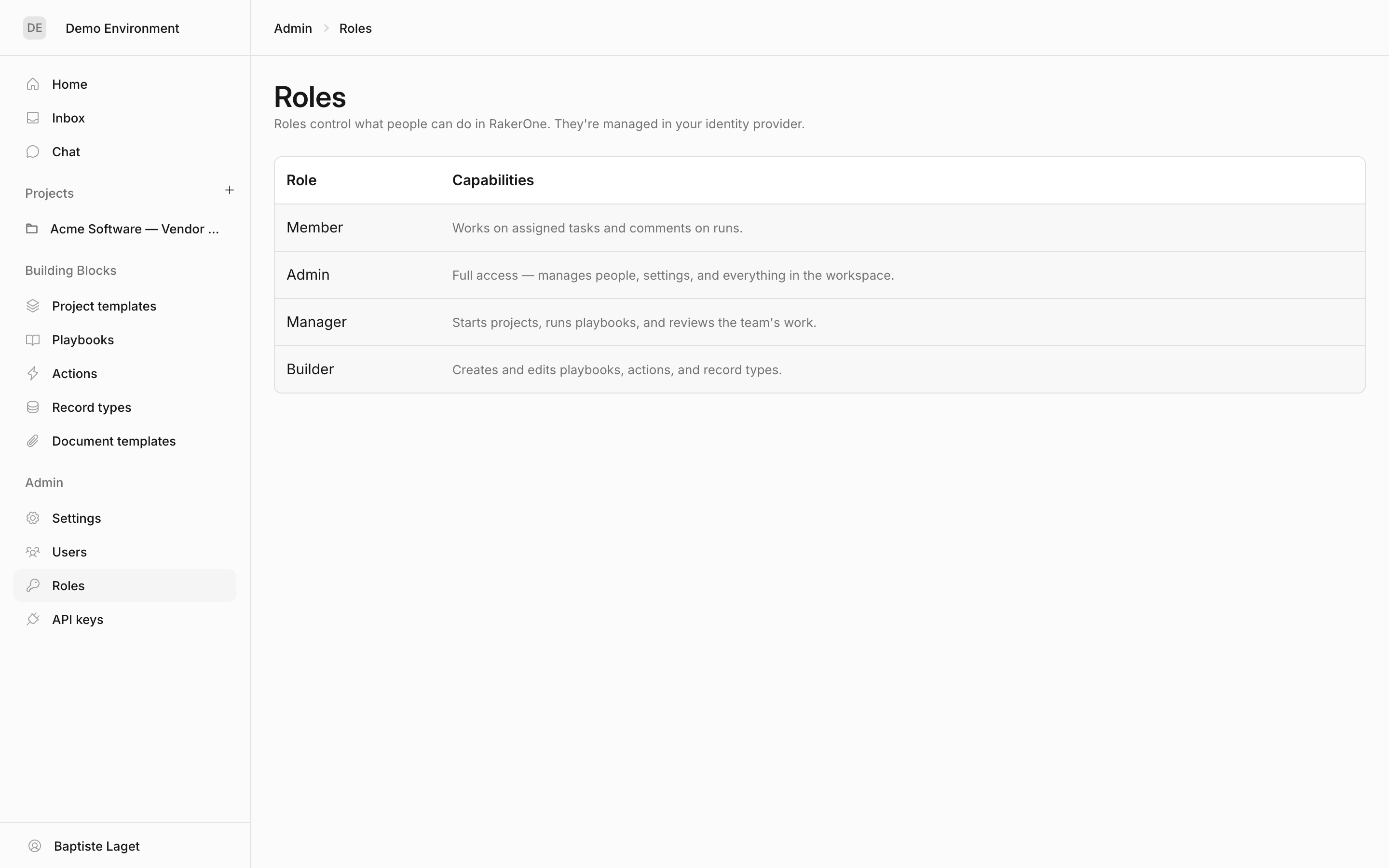 The Roles page with each role and its capabilities