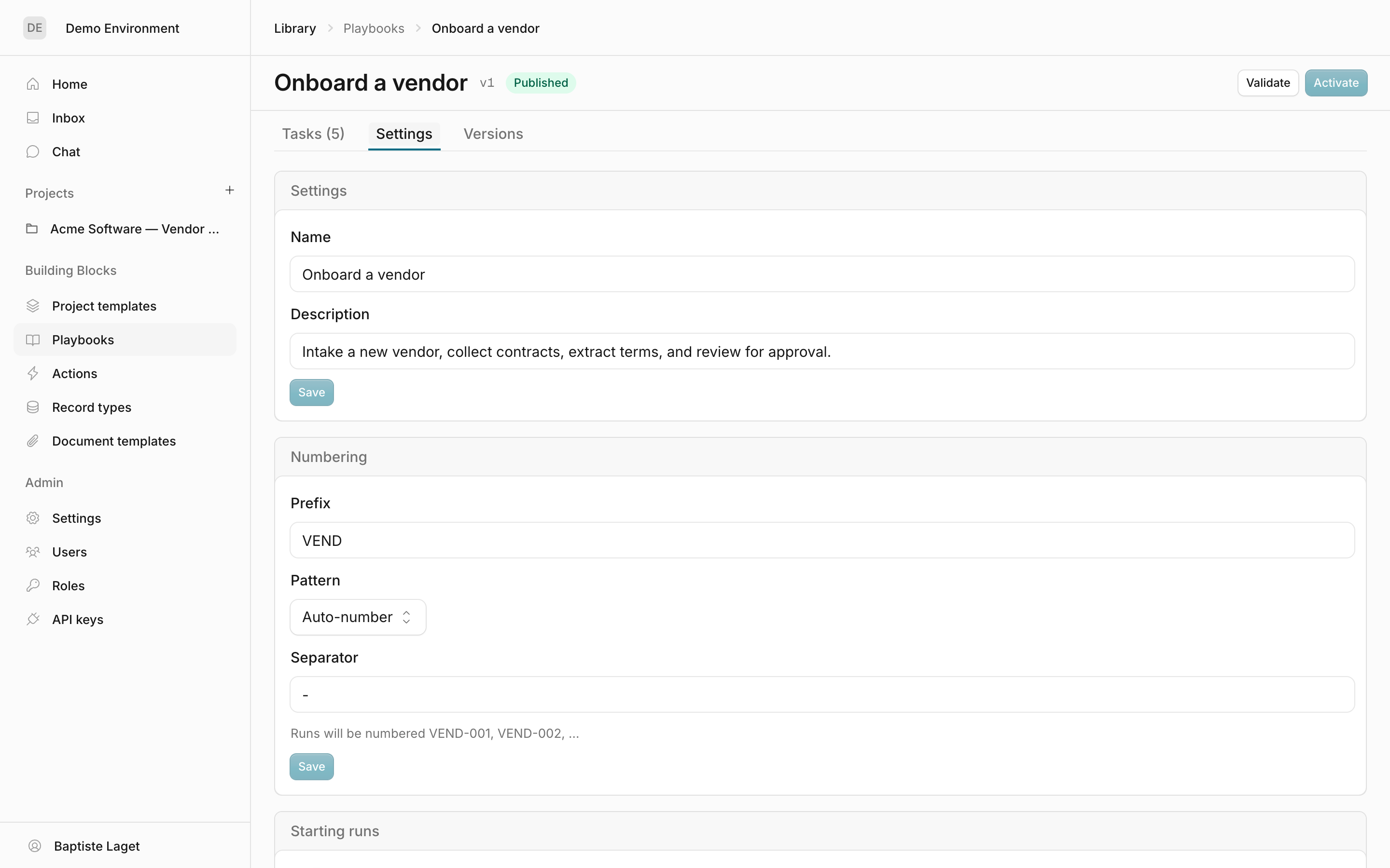 The playbook Settings tab with the Numbering card and live run-number preview