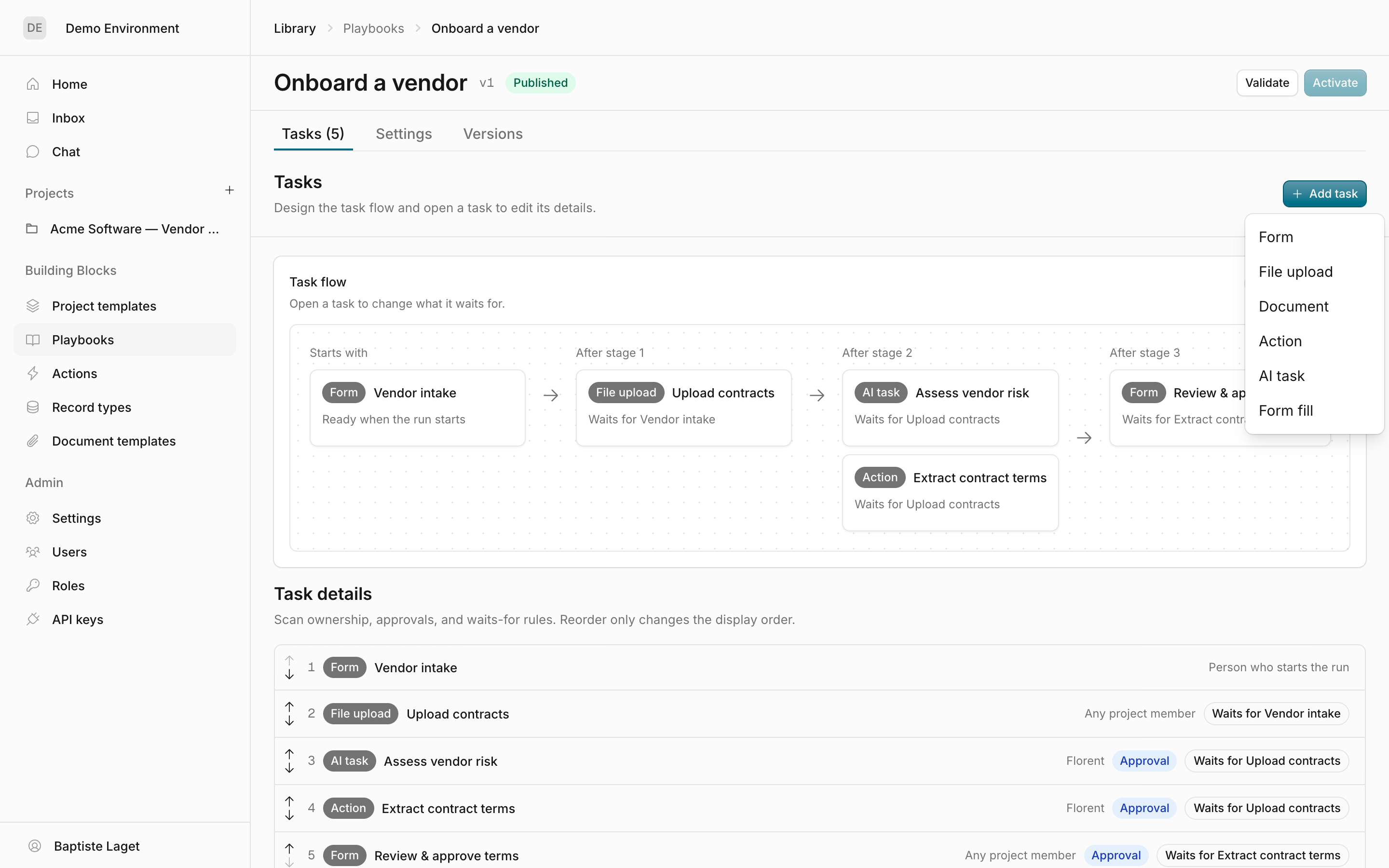 The Add task dropdown listing Form, File upload, Document, Action, AI task, Form fill
