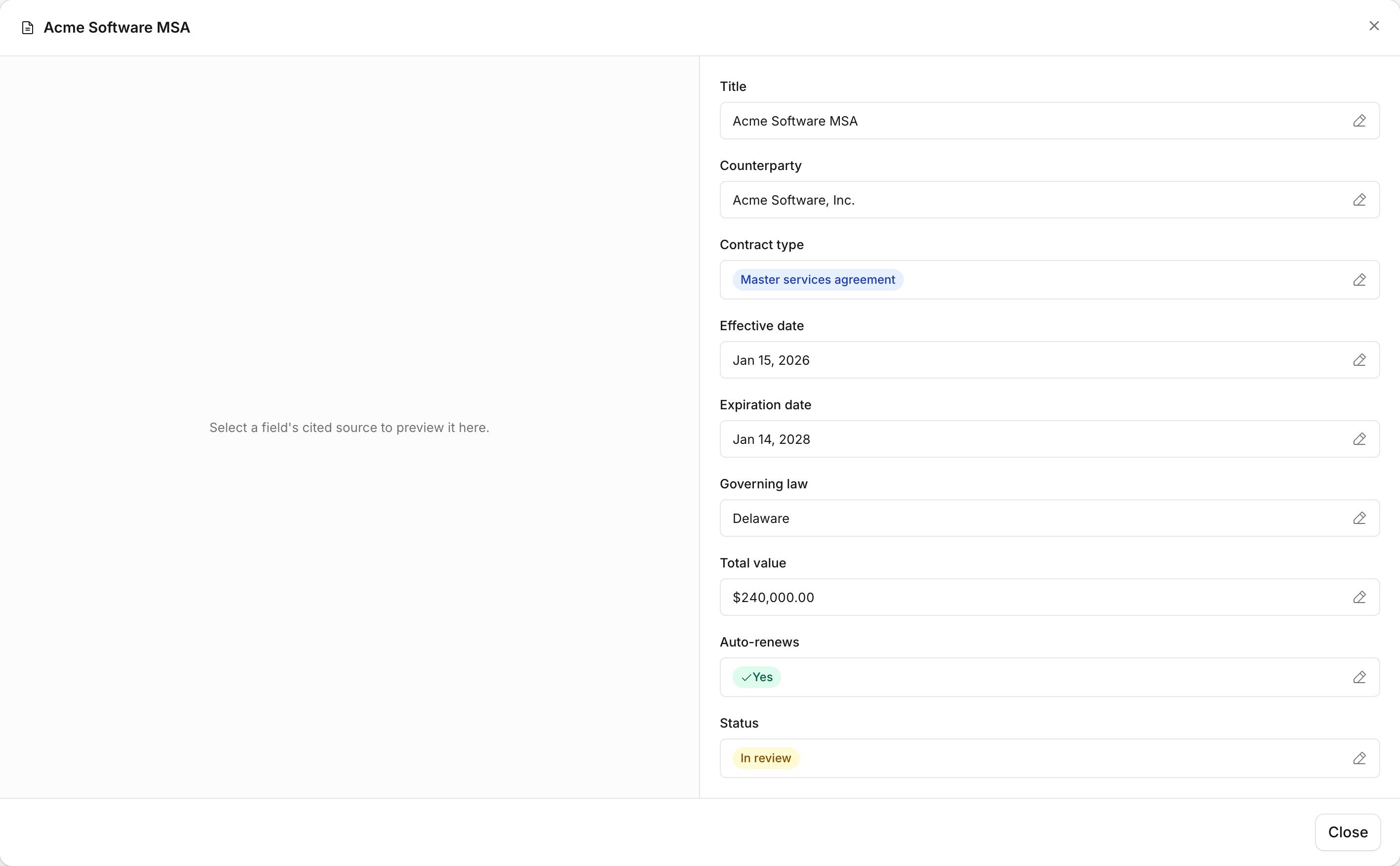 A record panel with grouped fields and the cited-source pane on the left