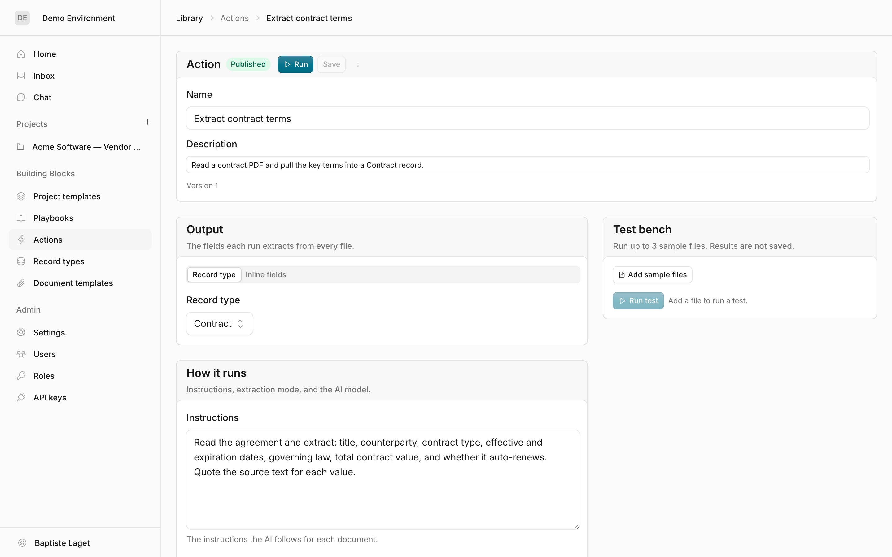 The extract action editor: Output (record type), How it runs/Instructions, and Test bench