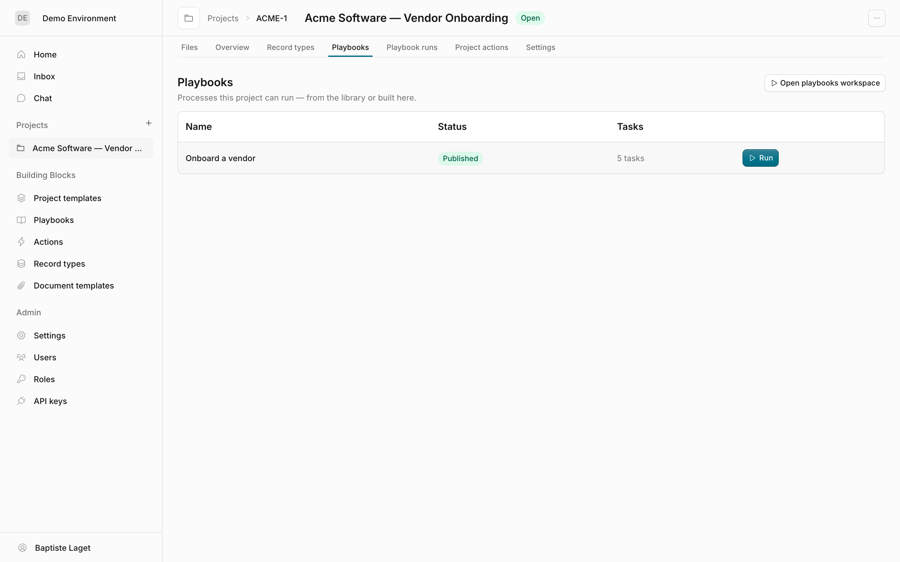 The project Playbooks tab with the playbooks table and Run button