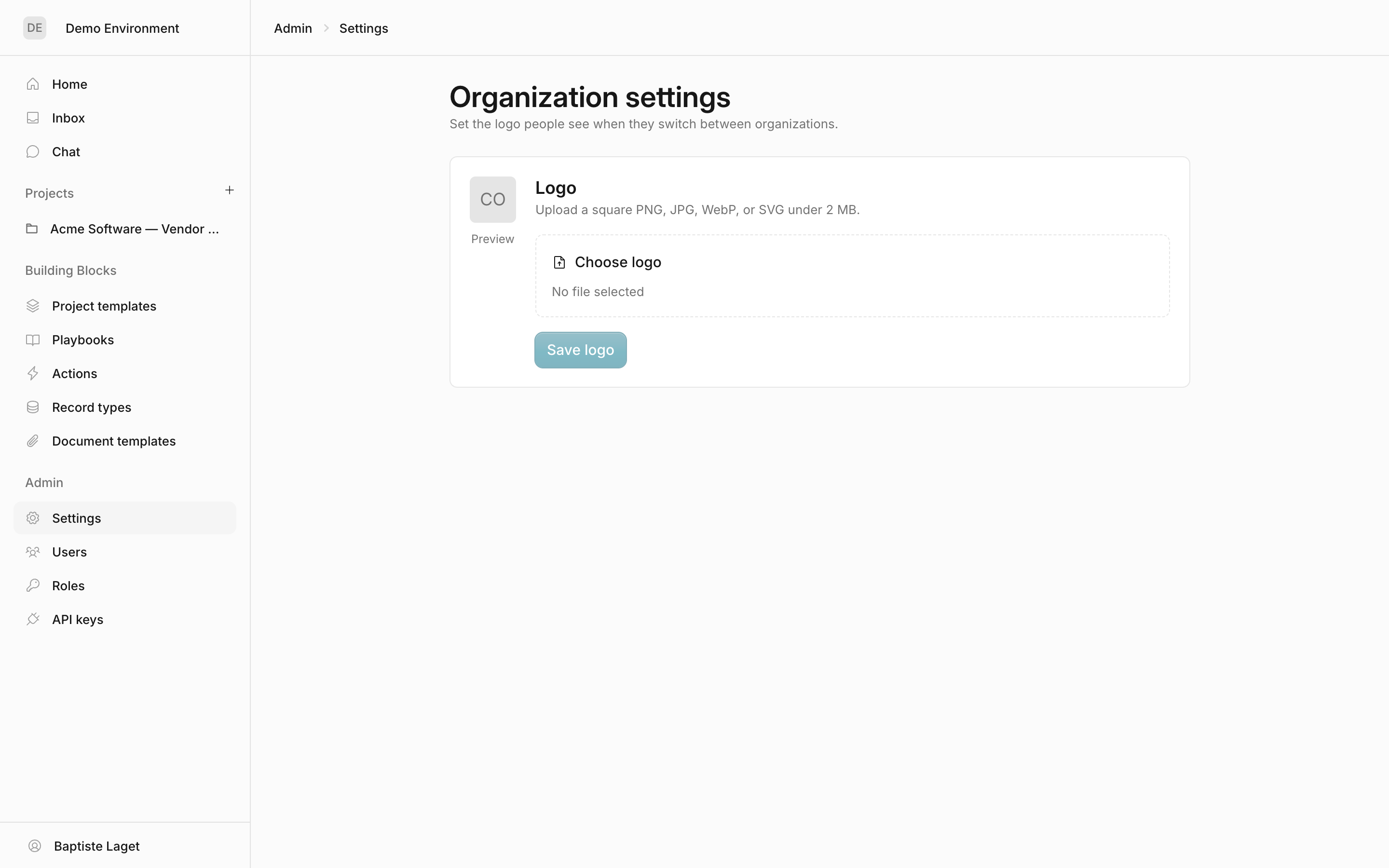 The Organization settings page with the logo section
