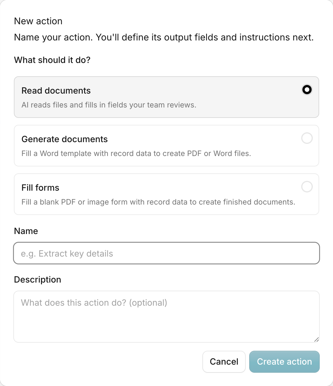 The New action dialog with 'Read documents' selected