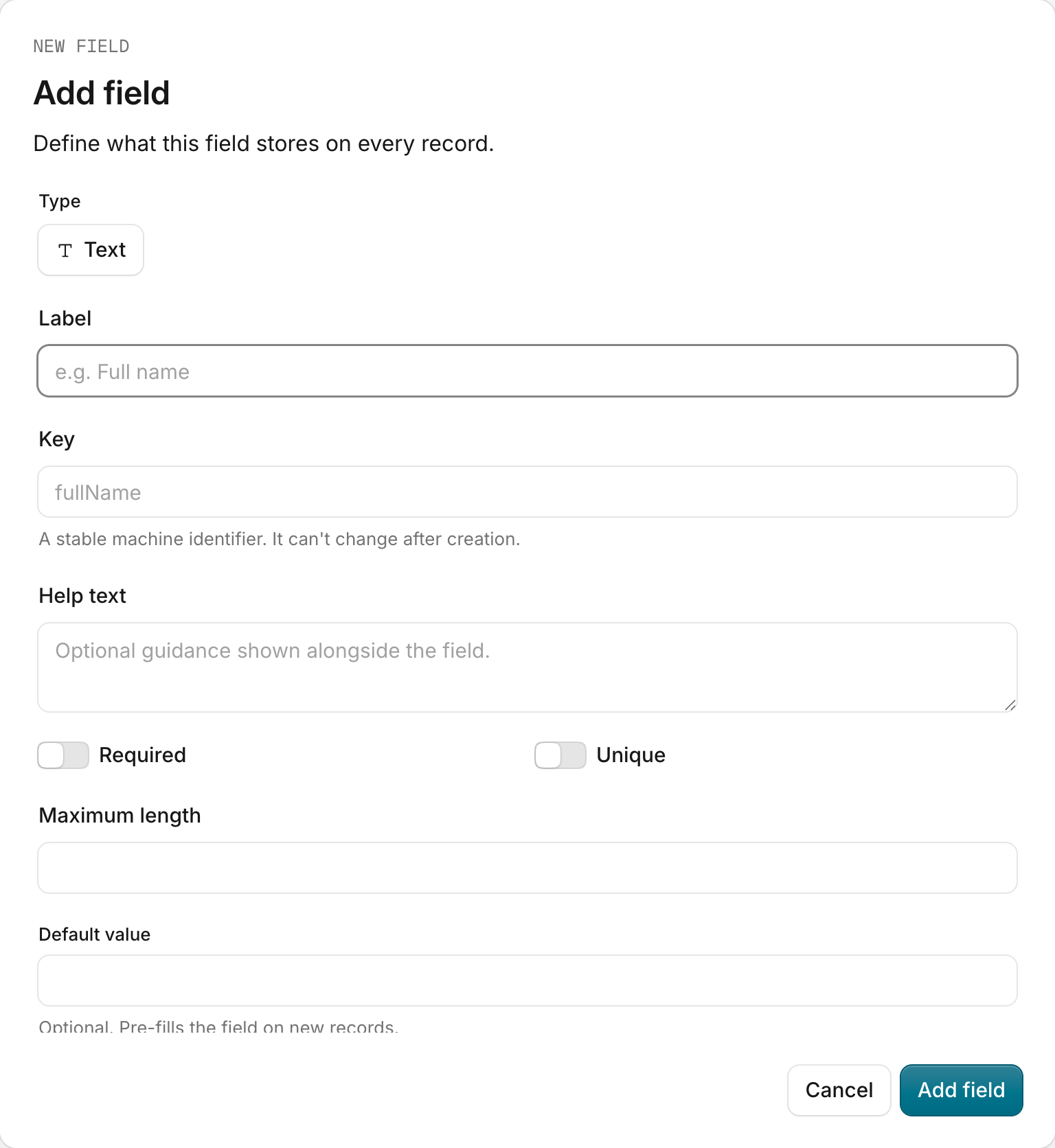 The Add field form with the field Type selector and field options