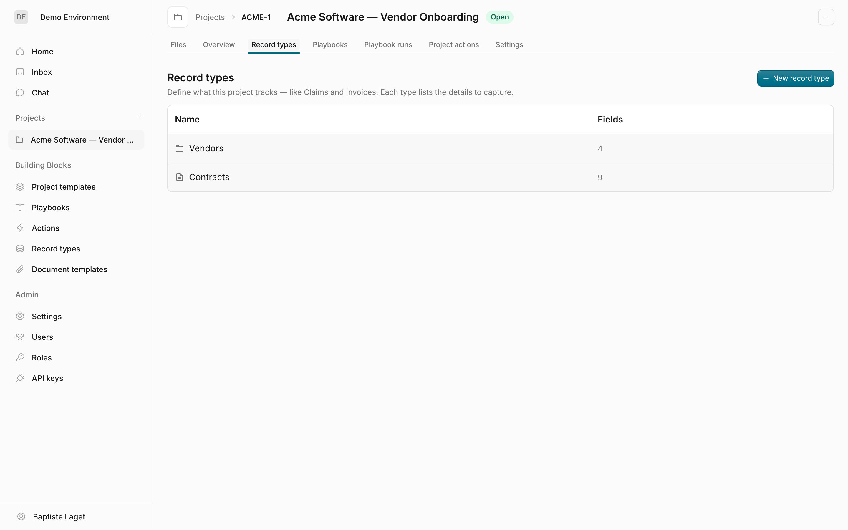 A project's Record types tab listing its record types