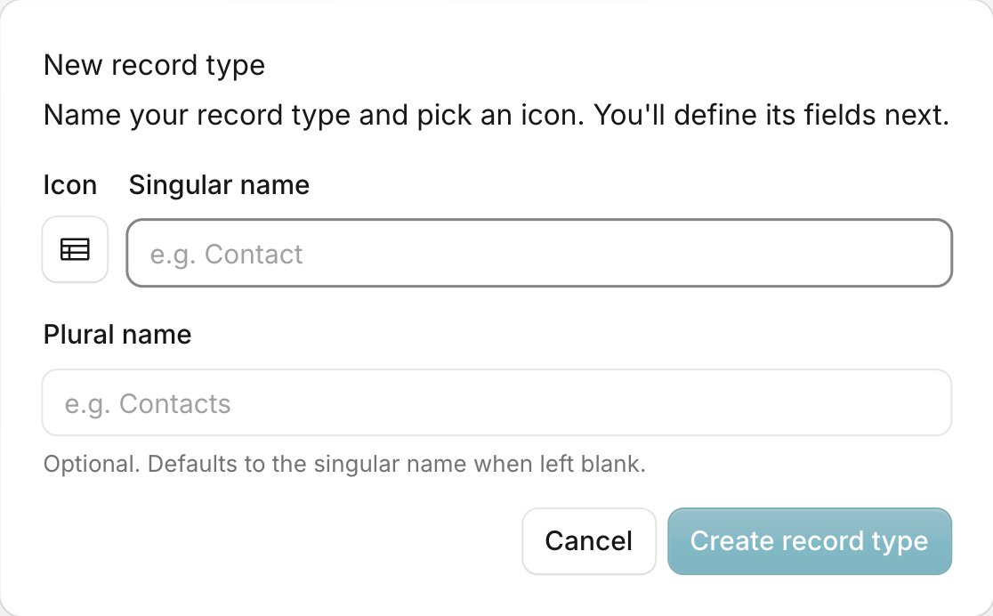The New record type dialog with icon picker and name fields