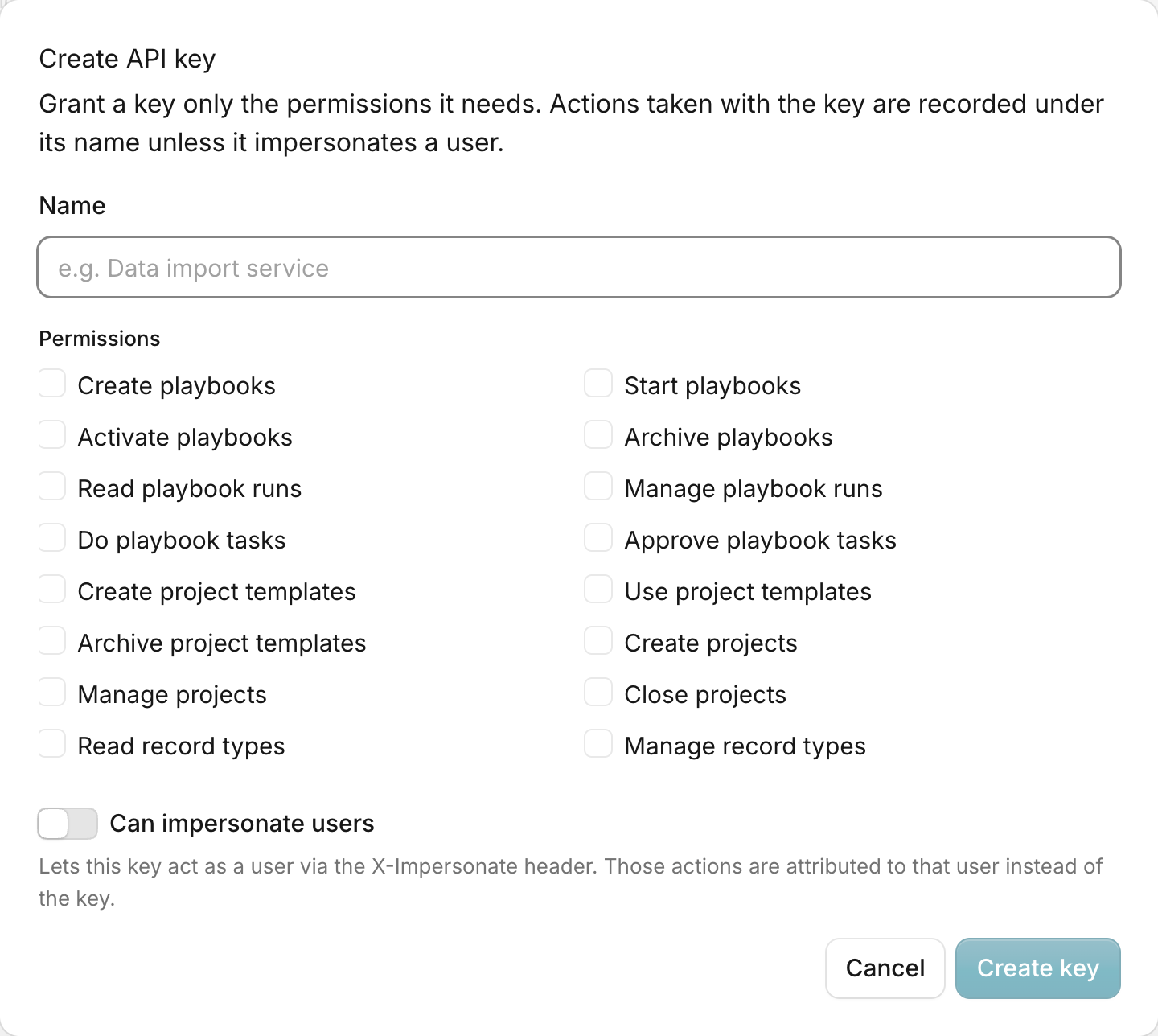 The Create API key dialog with name, permissions, and impersonation