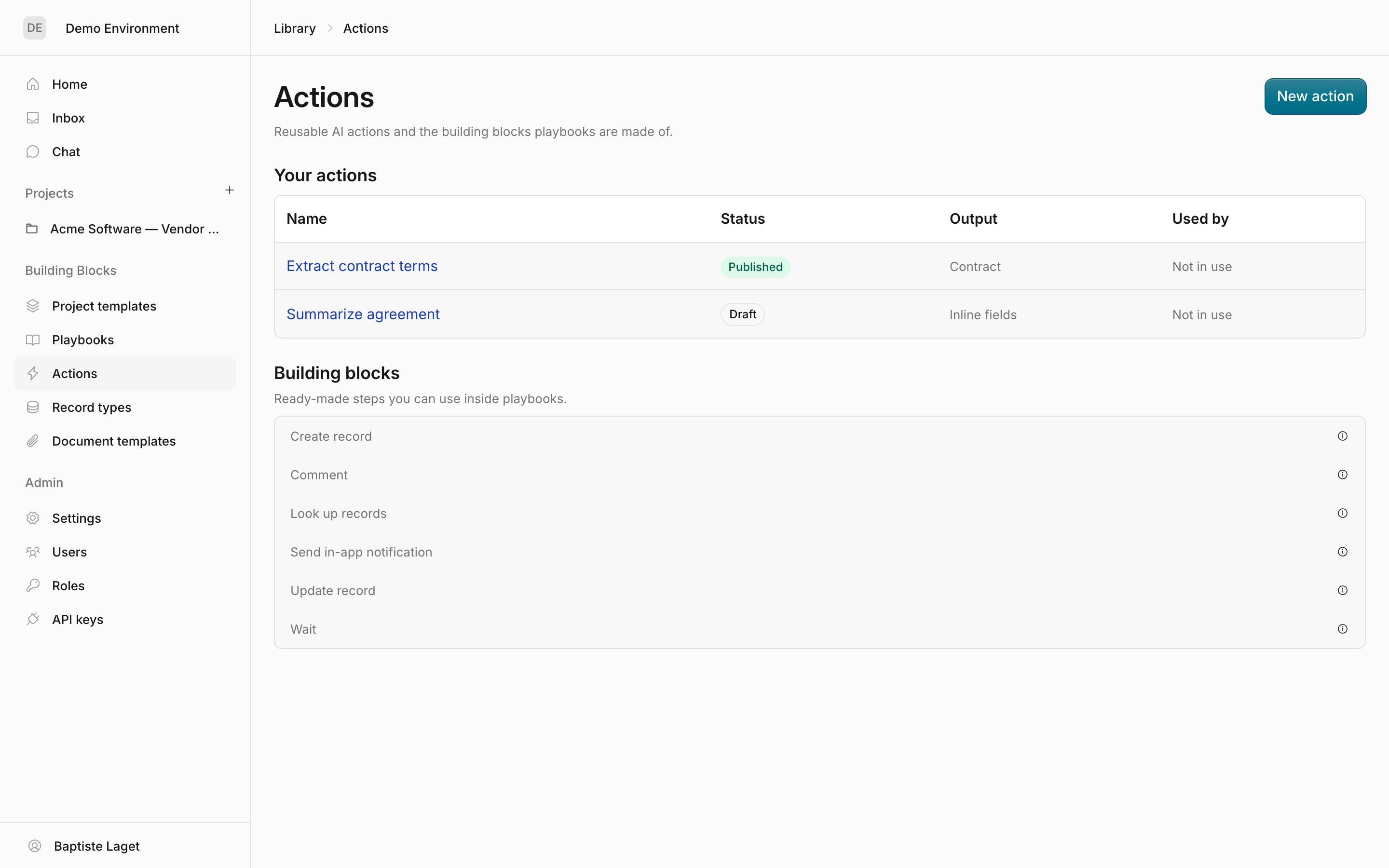 The Actions library: a Published action, a Draft action, and the building blocks