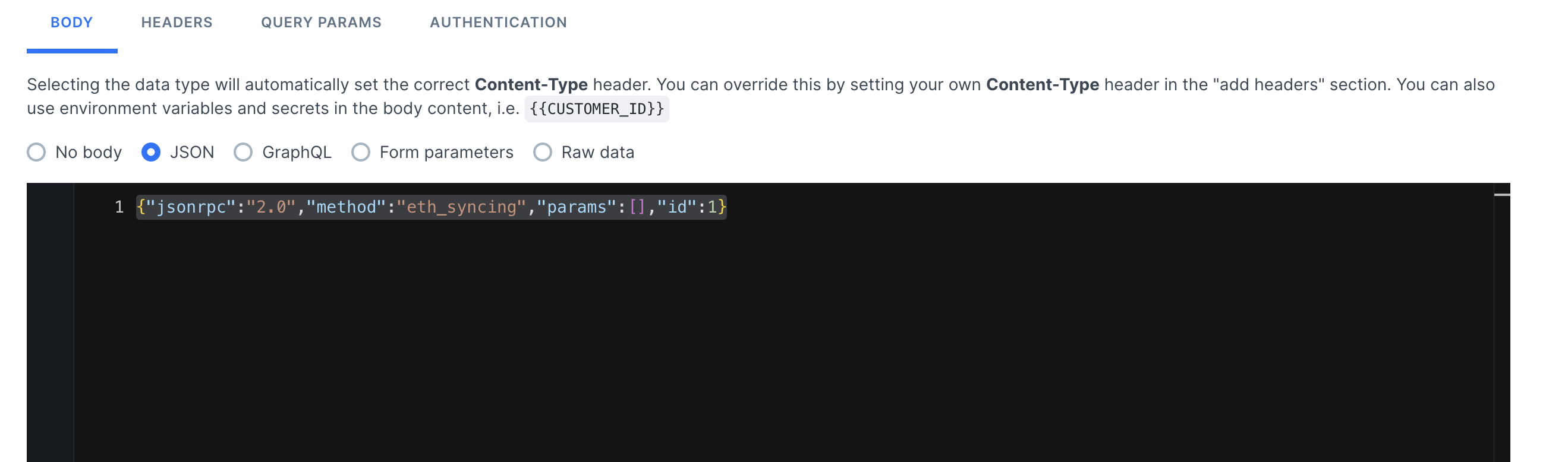 JSON body in editor