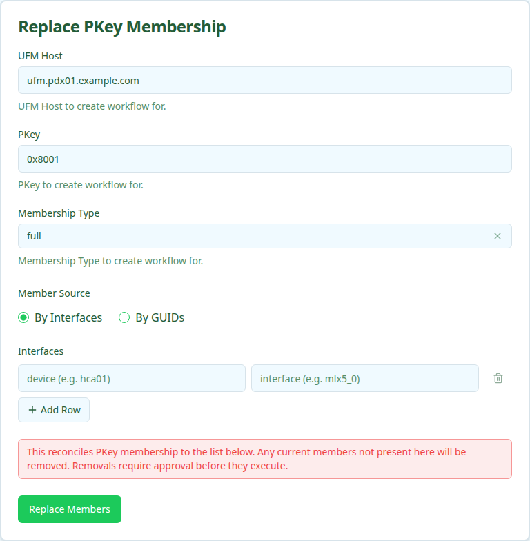 InfiniBand PKey Member Update workflow form