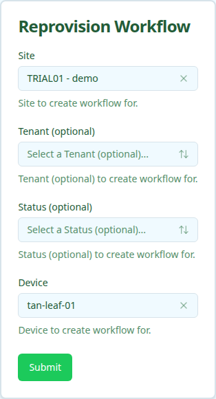 DSX Air trial Reprovision workflow form