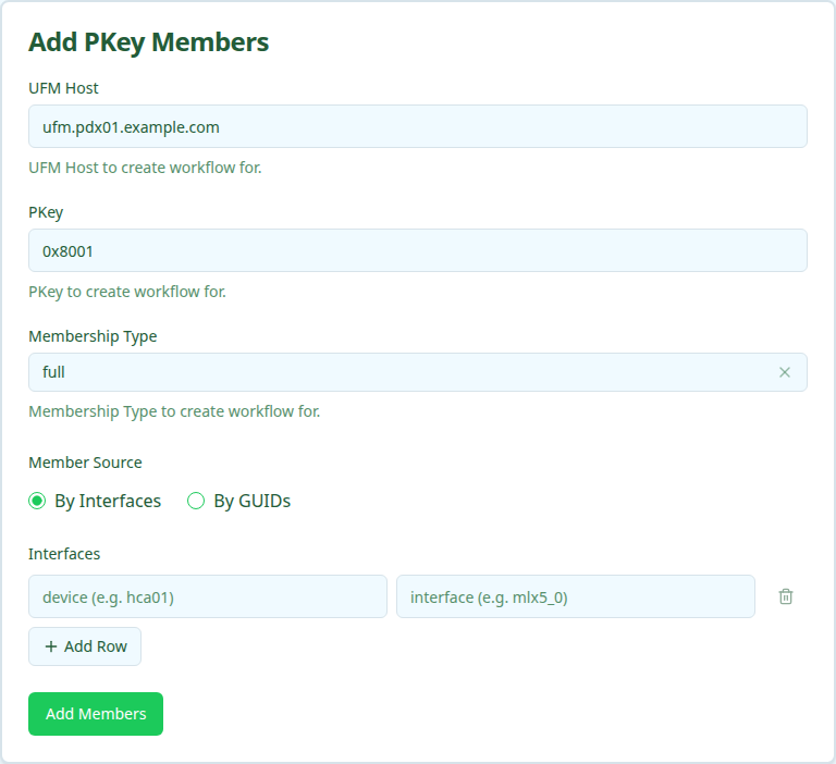 InfiniBand PKey Member Add workflow form
