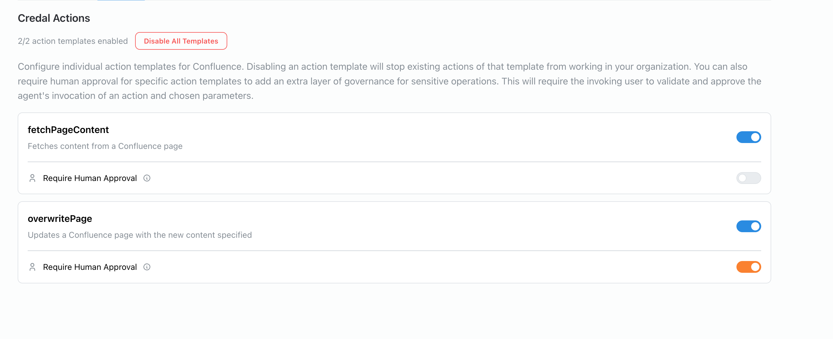 Action templates configuration panel