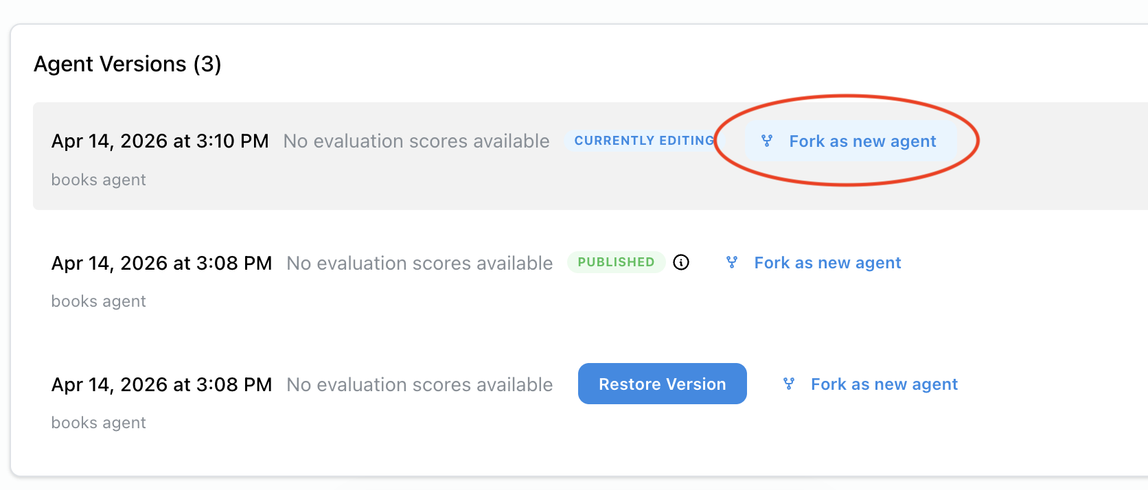 Fork as new agent button