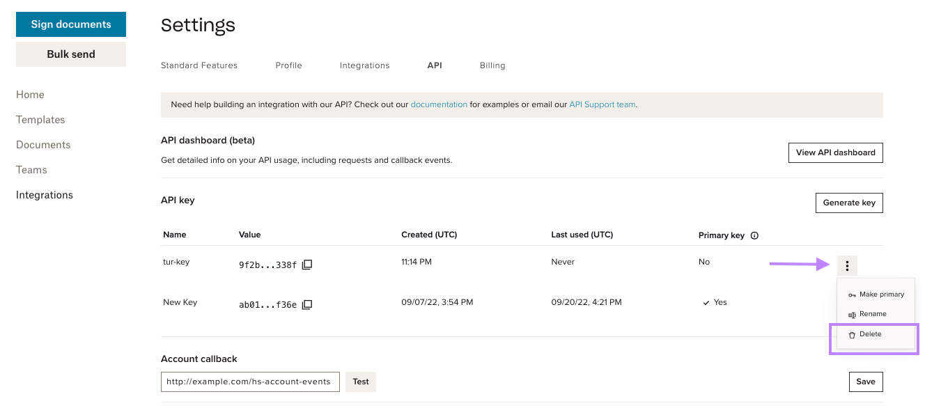 Screenshot showing the api dashboard and location of the Delete key button.