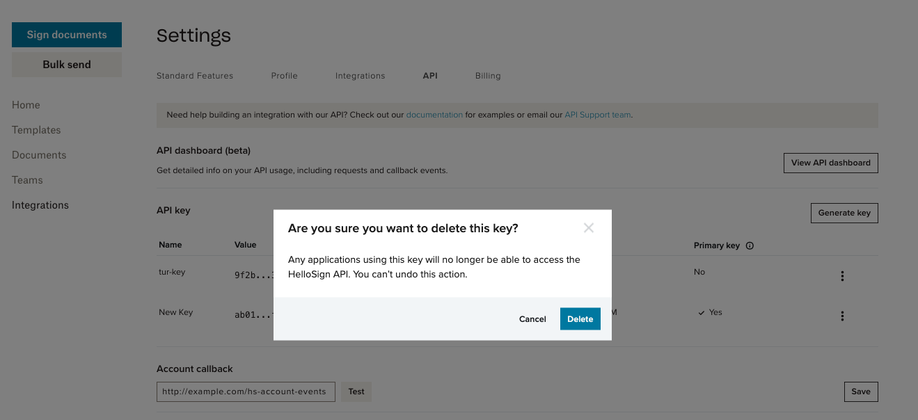 Screenshot showing a modal where users confirm deletion of api keys.