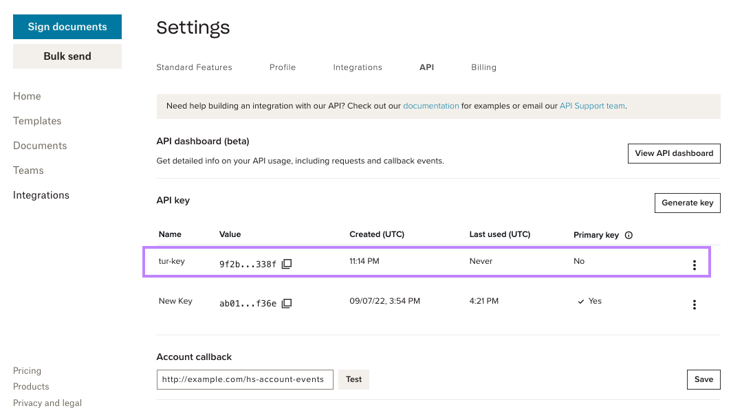 Screenshot showing the api dashboard with the new API key listed on the API key table.