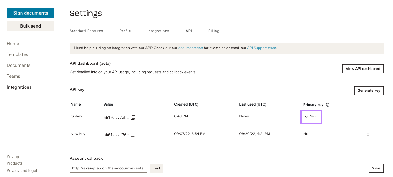 Screenshot showing the api dashboard with new key marked as primary.