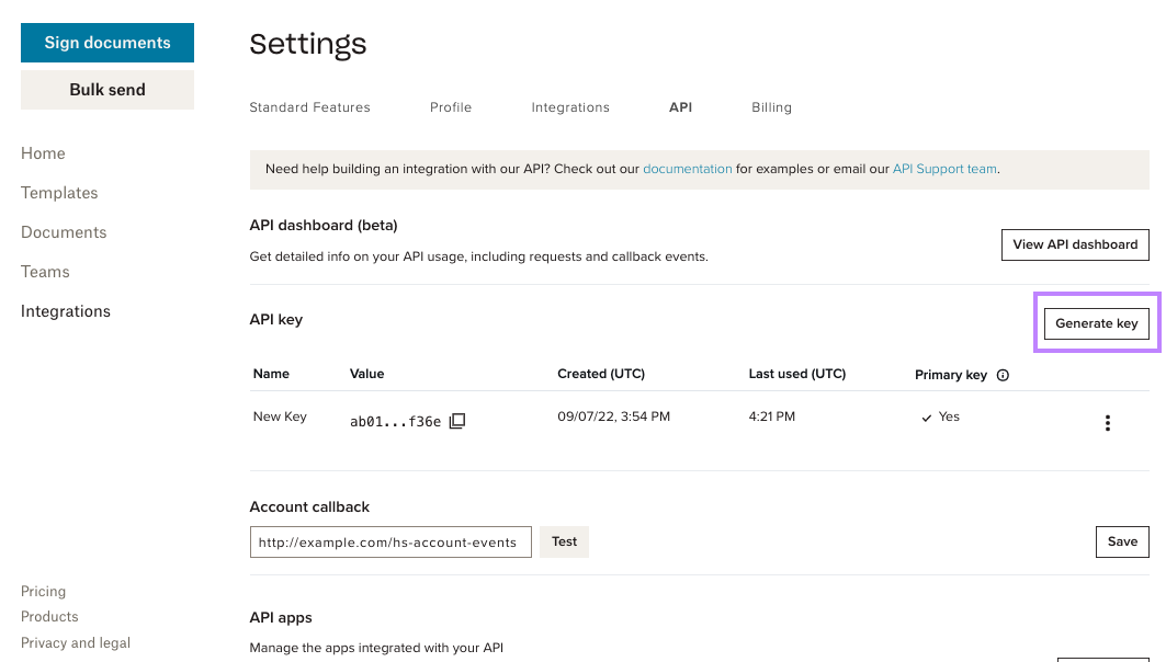Screenshot showing the api dashboard and location of the Generate key button.