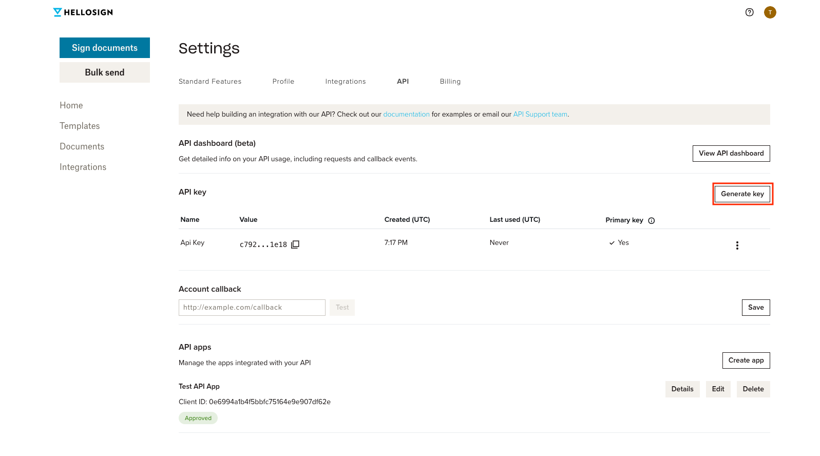 Screenshot of location of the Generate key button on api settings page.