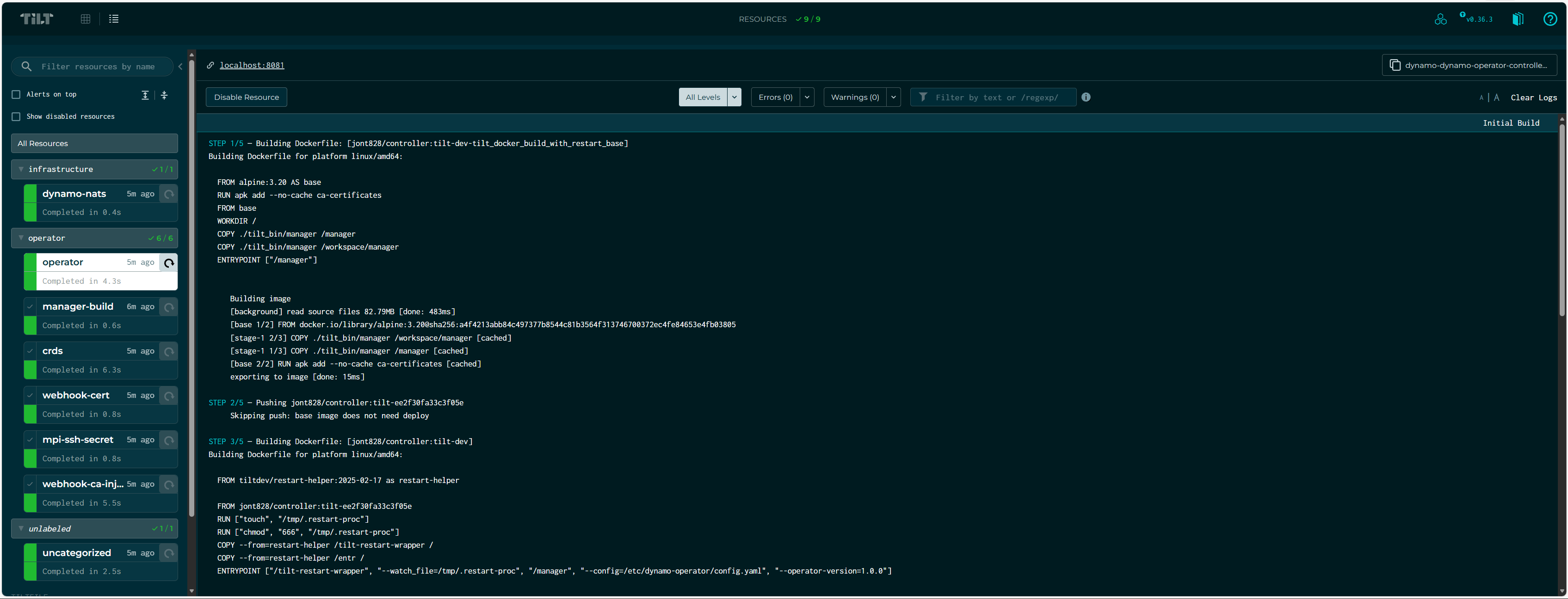 Tilt web UI showing the operator, CRDs, and infrastructure resources