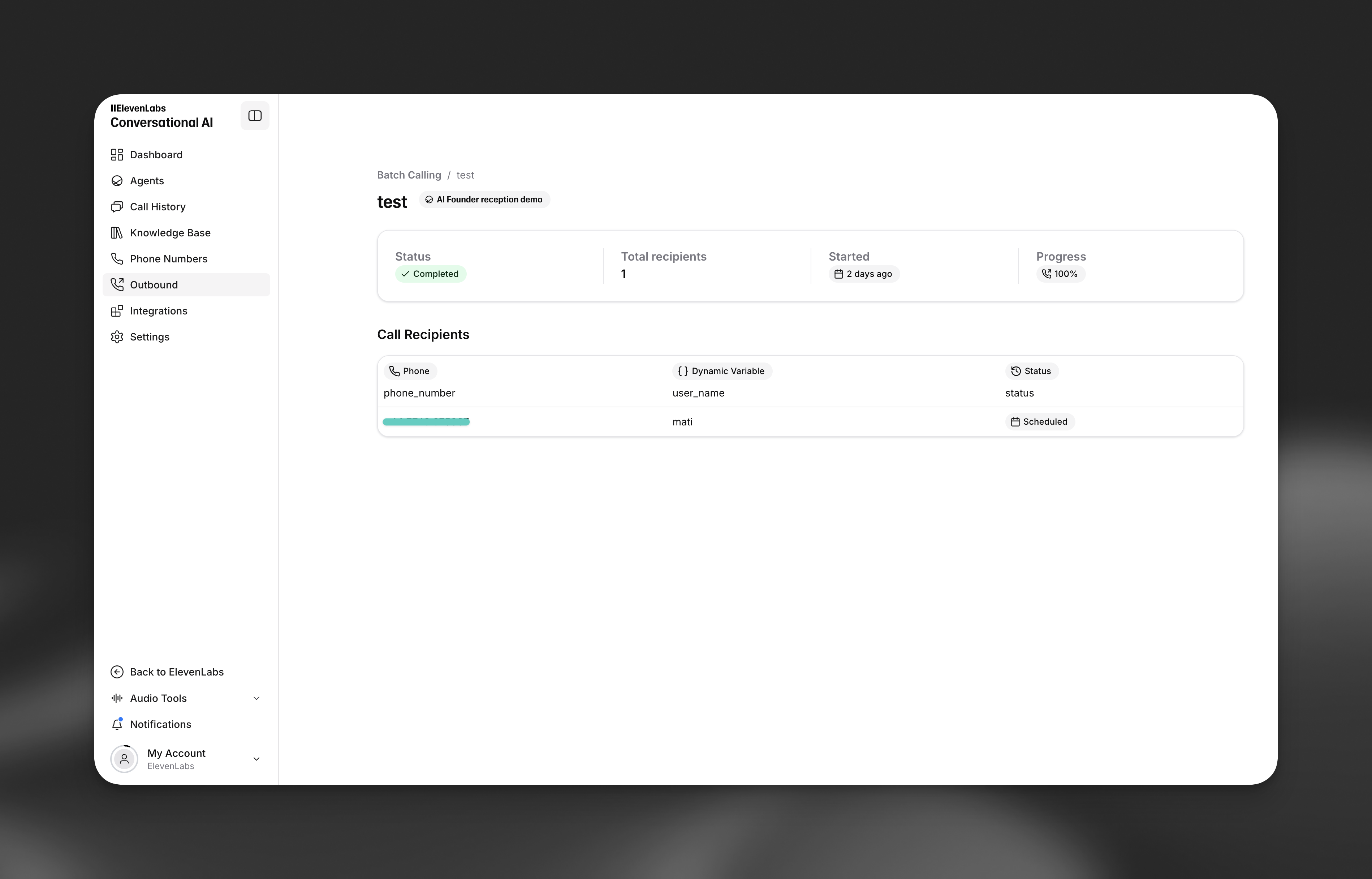 Batch call details page showing a summary (status, total recipients, started, progress) and a list of call recipients with phone number, dynamic variables, and status.