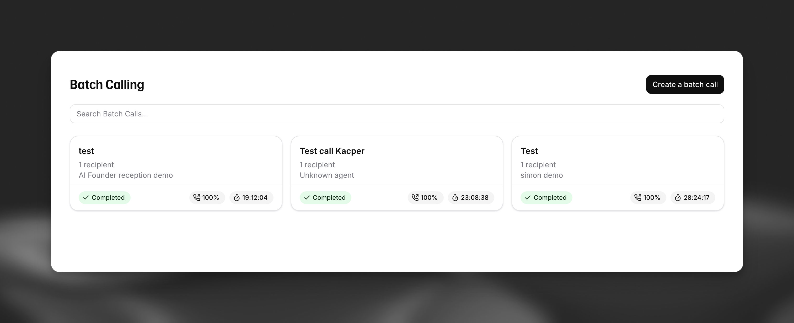 Batch Calling overview page listing several batch calls with their status, recipient count, and progress.
