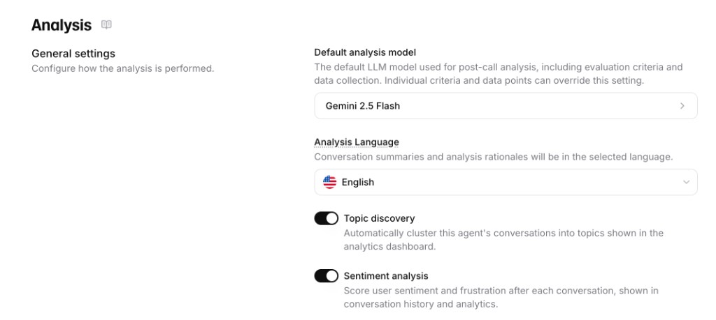 Analysis settings showing sentiment analysis and topic discovery
toggles