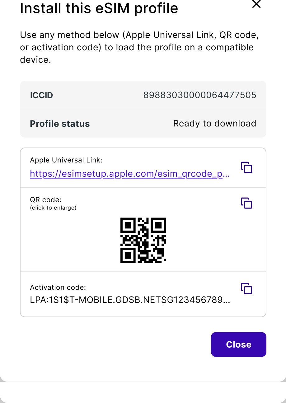 The Install this eSIM profile dialog, showing the Apple Universal Link, QR code, and activation code for a device.